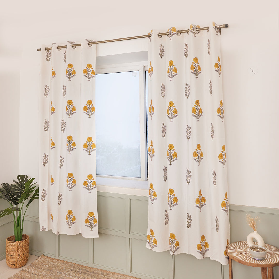 Drill Cotton Curtain Mustard-Green Floral Block Print