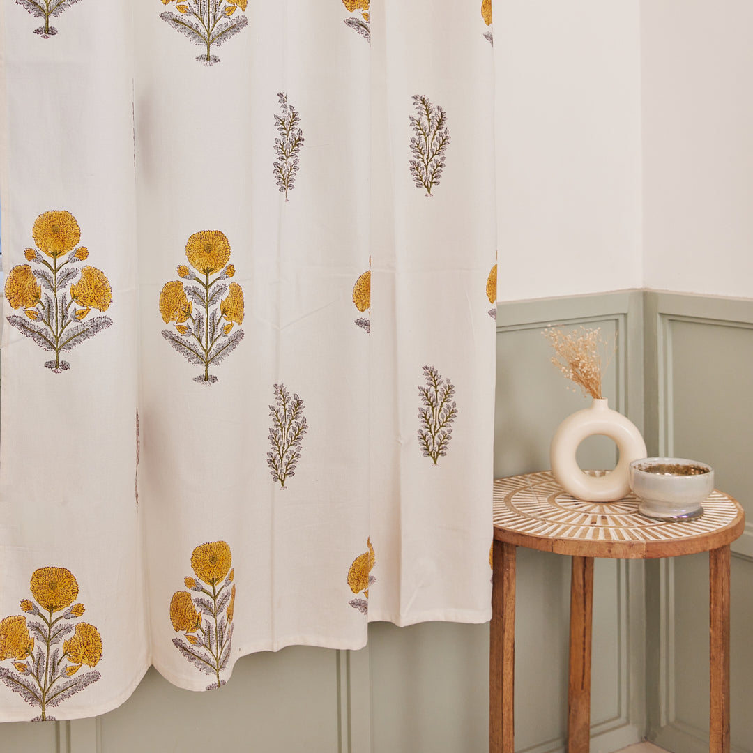 Drill Cotton Curtain Mustard-Green Floral Block Print