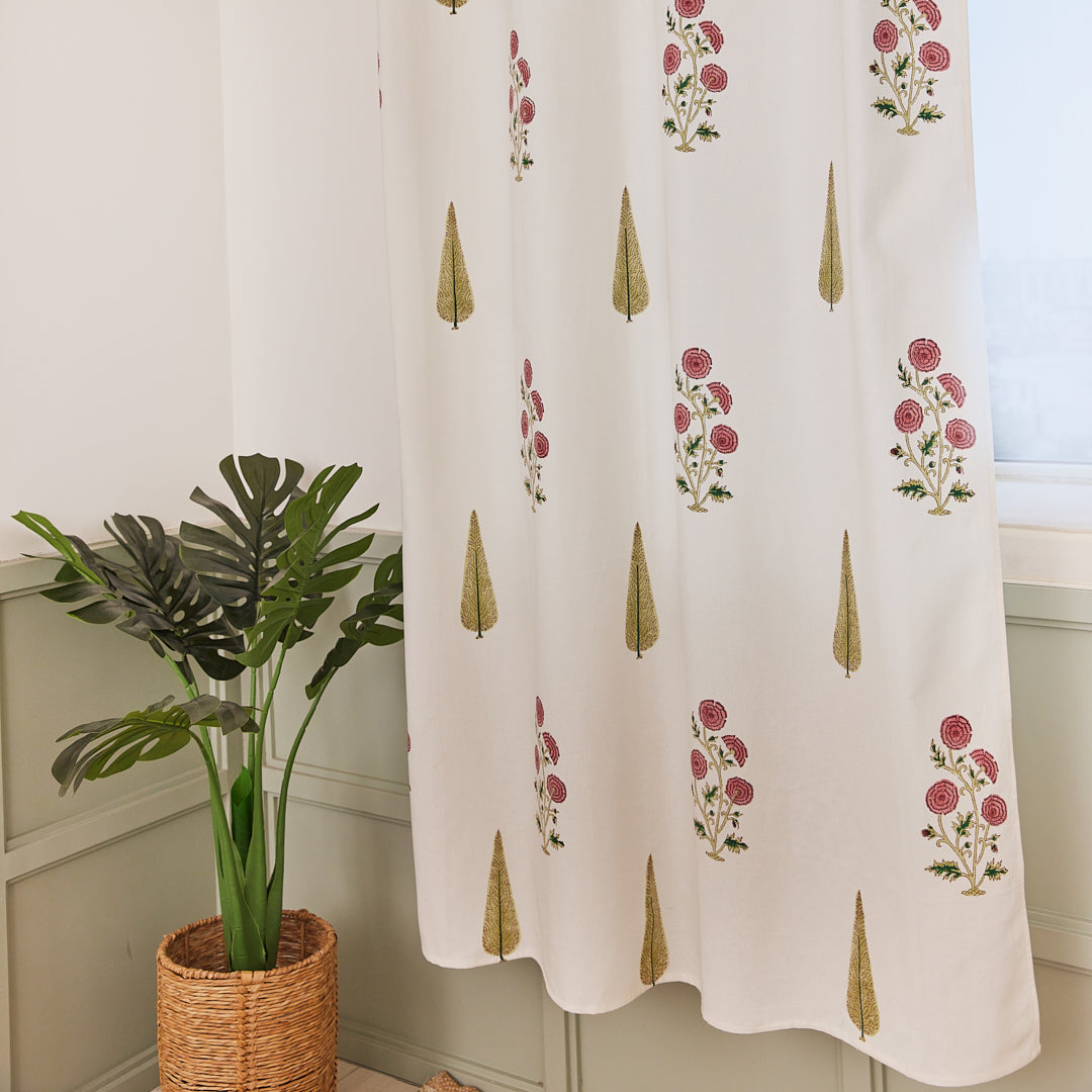 Drill Cotton Curtain Red-Green Floral Leaf Block Print