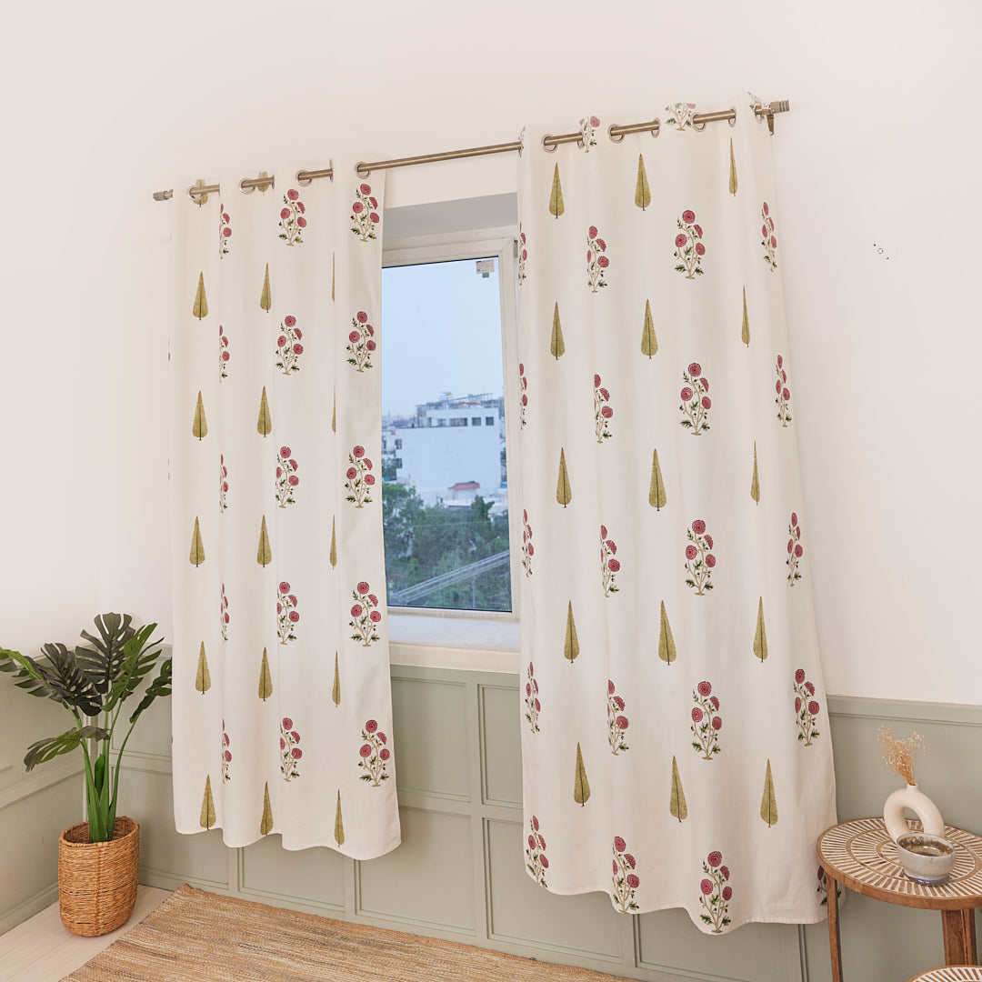 Drill Cotton Curtain Red-Green Floral Leaf Block Print