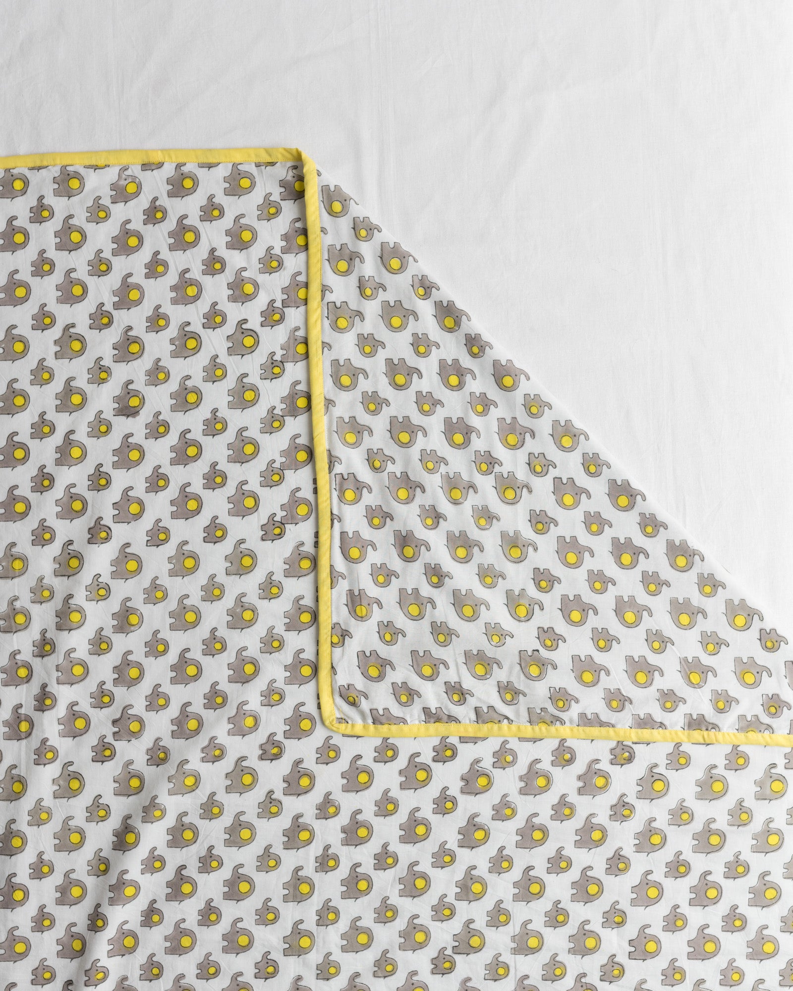Cotton Baby Razai Quilt Grey Yellow Baby Elephant Block Print