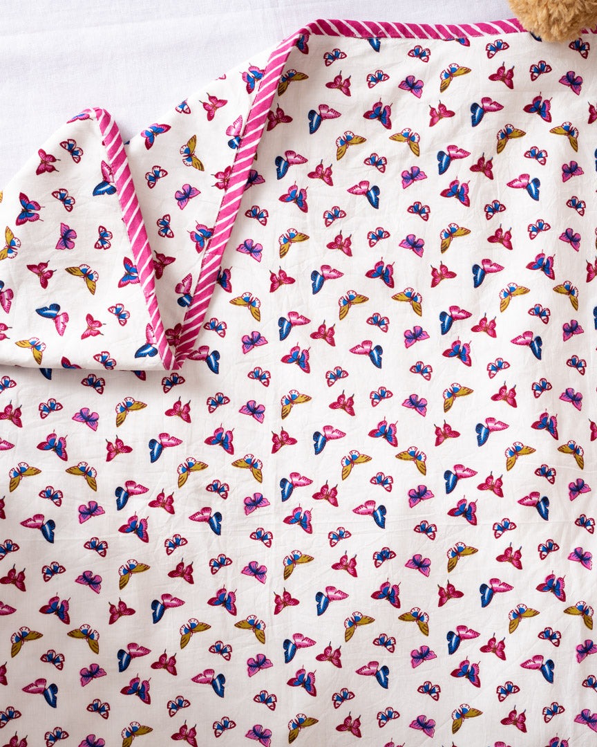 Cotton Baby Razai Quilt Blue Pink Butterfly Print