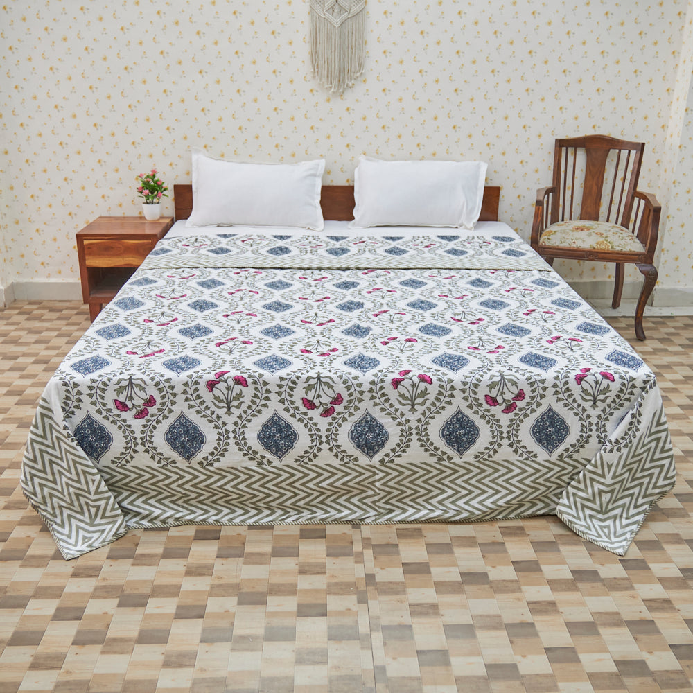 Fine Cotton Queen Size AC Quilt Dohar Red-Grey Cherry Blossom Floral Print