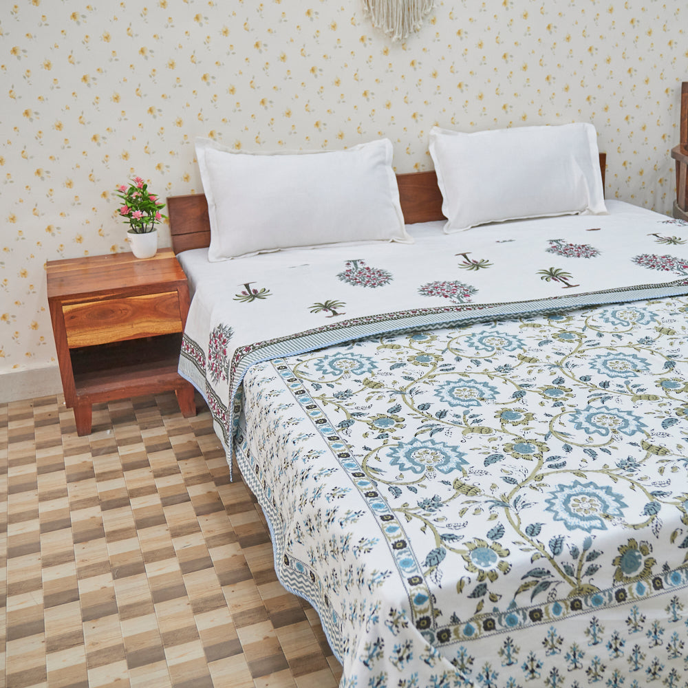 Fine Cotton Queen Size AC Quilt Dohar Red-Green Floral Print