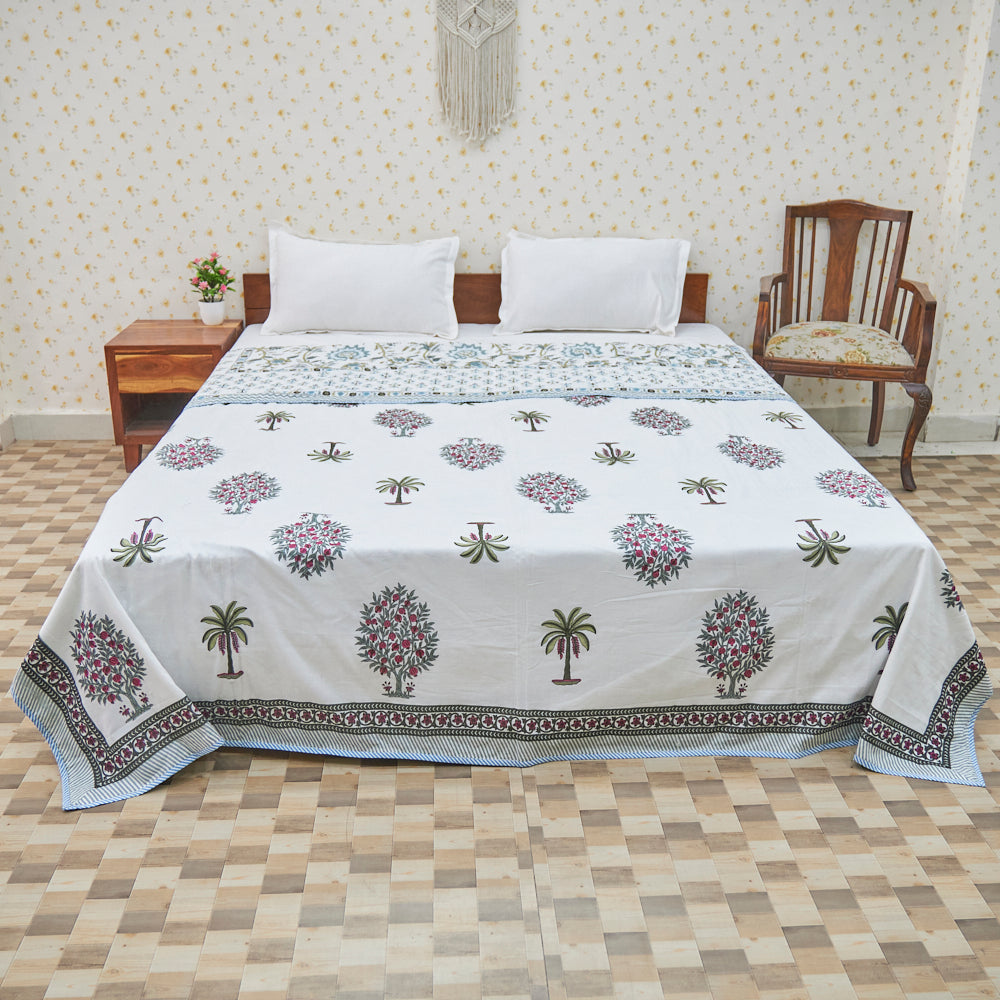 Fine Cotton Queen Size AC Quilt Dohar Red-Green Floral Print