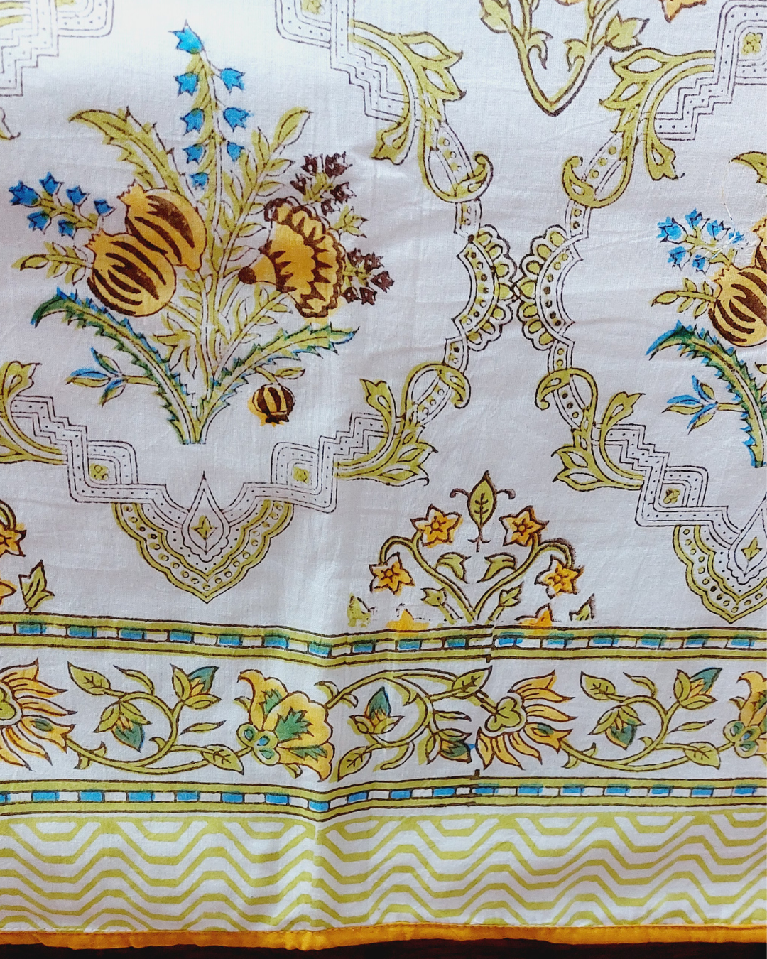 Cotton Mulmul Double Bed Dohar AC Quilt Mustard-Green Floral Block Print