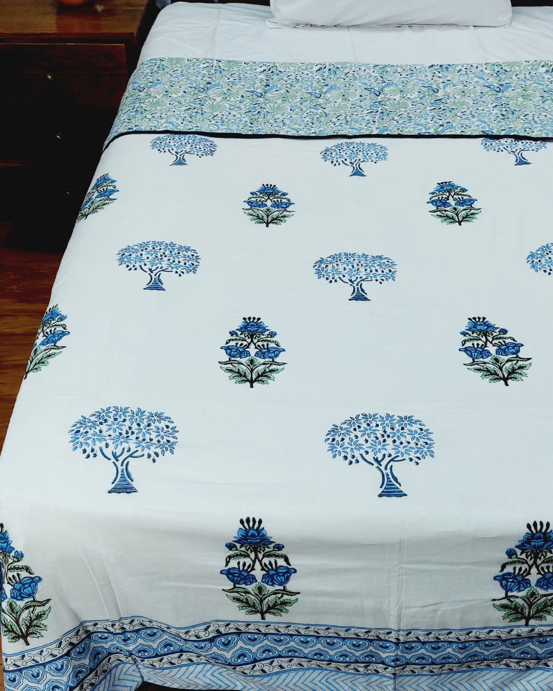 Cotton Mulmul Double Bed Dohar AC Quilt Blue-Green Floral Boota Block Print