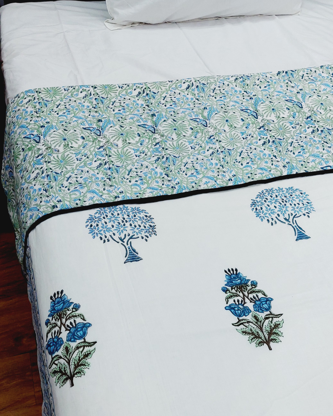 Cotton Mulmul Double Bed Dohar AC Quilt Blue-Green Floral Boota Block Print