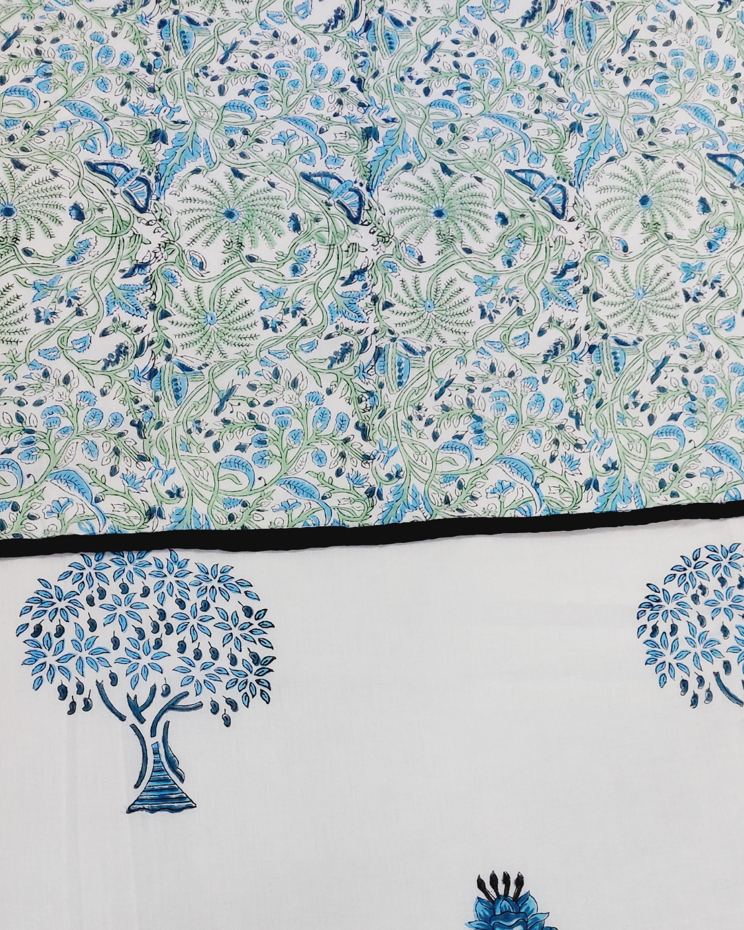 Cotton Mulmul Double Bed Dohar AC Quilt Blue-Green Floral Boota Block Print