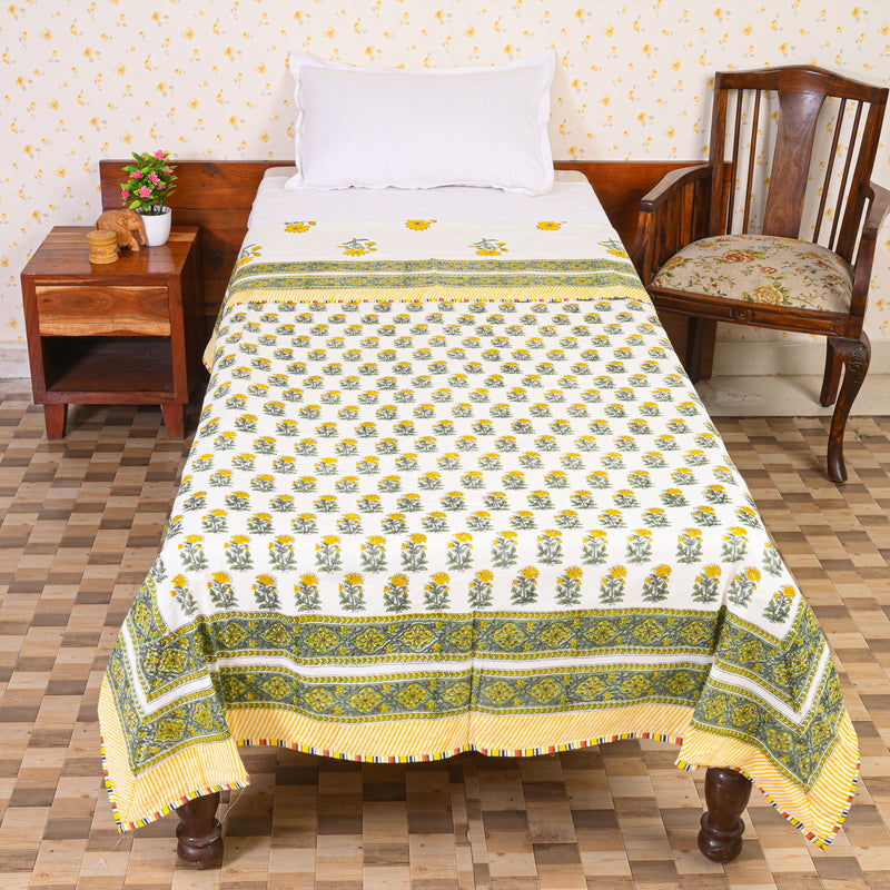 Cotton Mulmul Single Bed AC Quilt Dohar White Yellow Sunflower Block Print