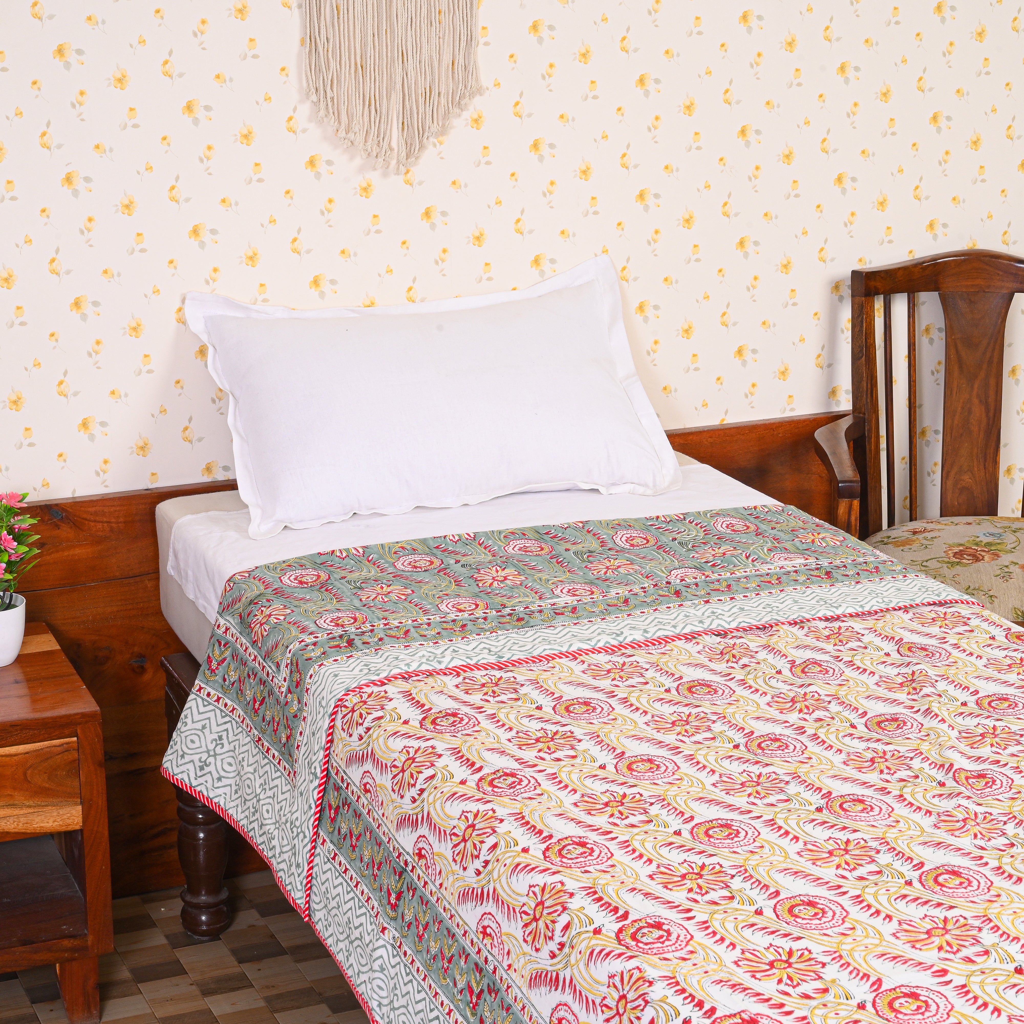 Cotton Mulmul Single Bed AC Quilt Dohar Red-Yellow Floral Jaal Block Print