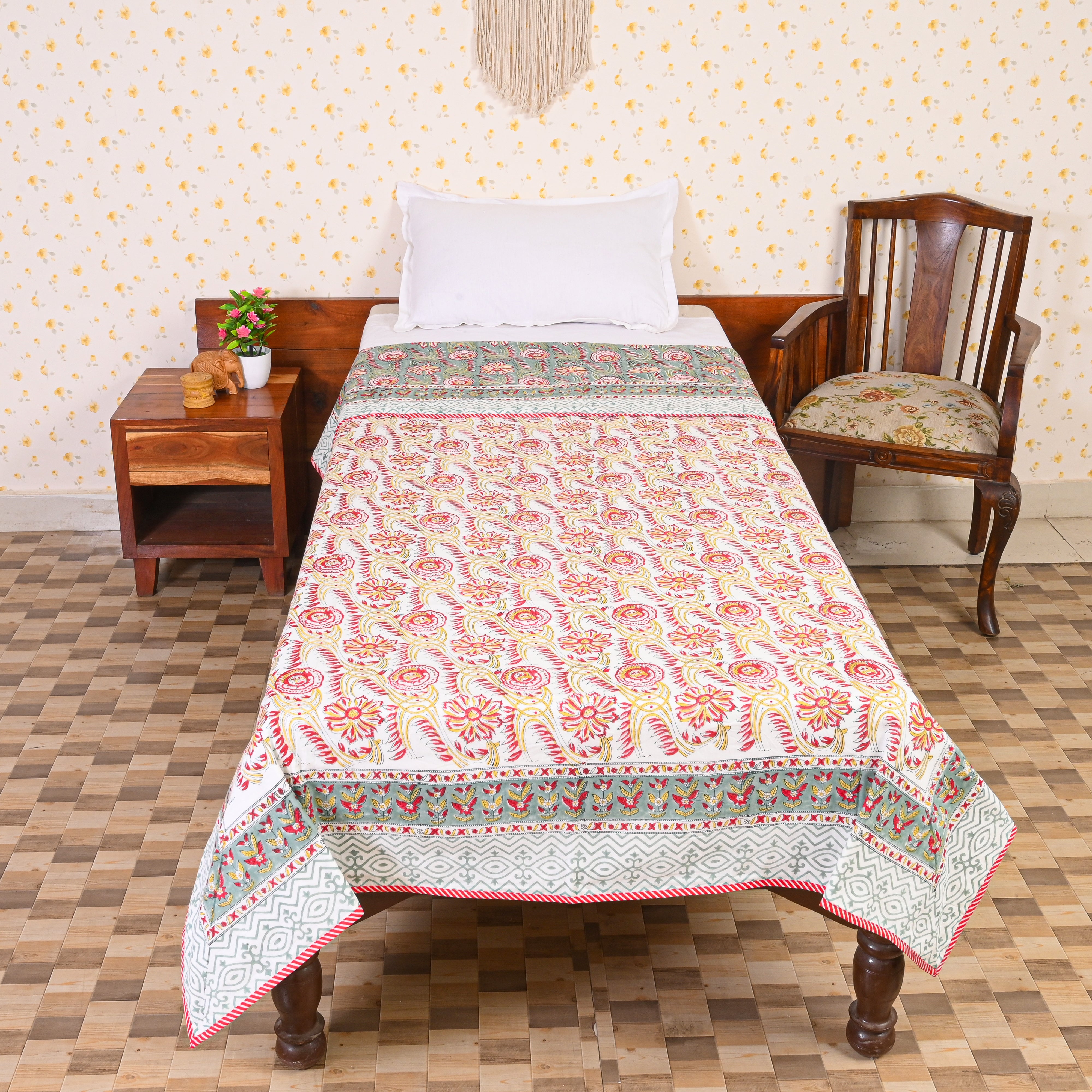 Cotton Mulmul Single Bed AC Quilt Dohar Red-Yellow Floral Jaal Block Print