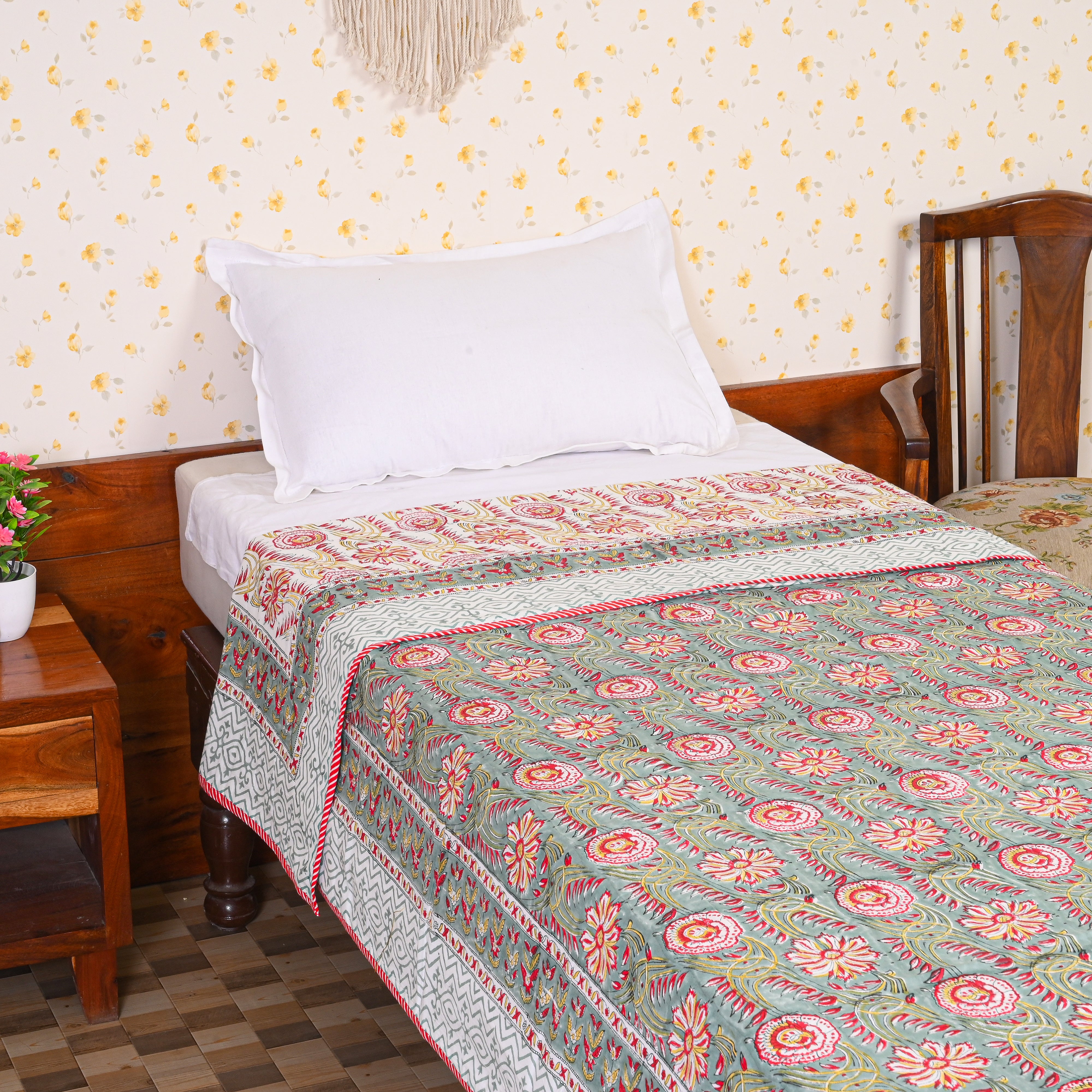 Cotton Mulmul Single Bed AC Quilt Dohar Red-Yellow Floral Jaal Block Print