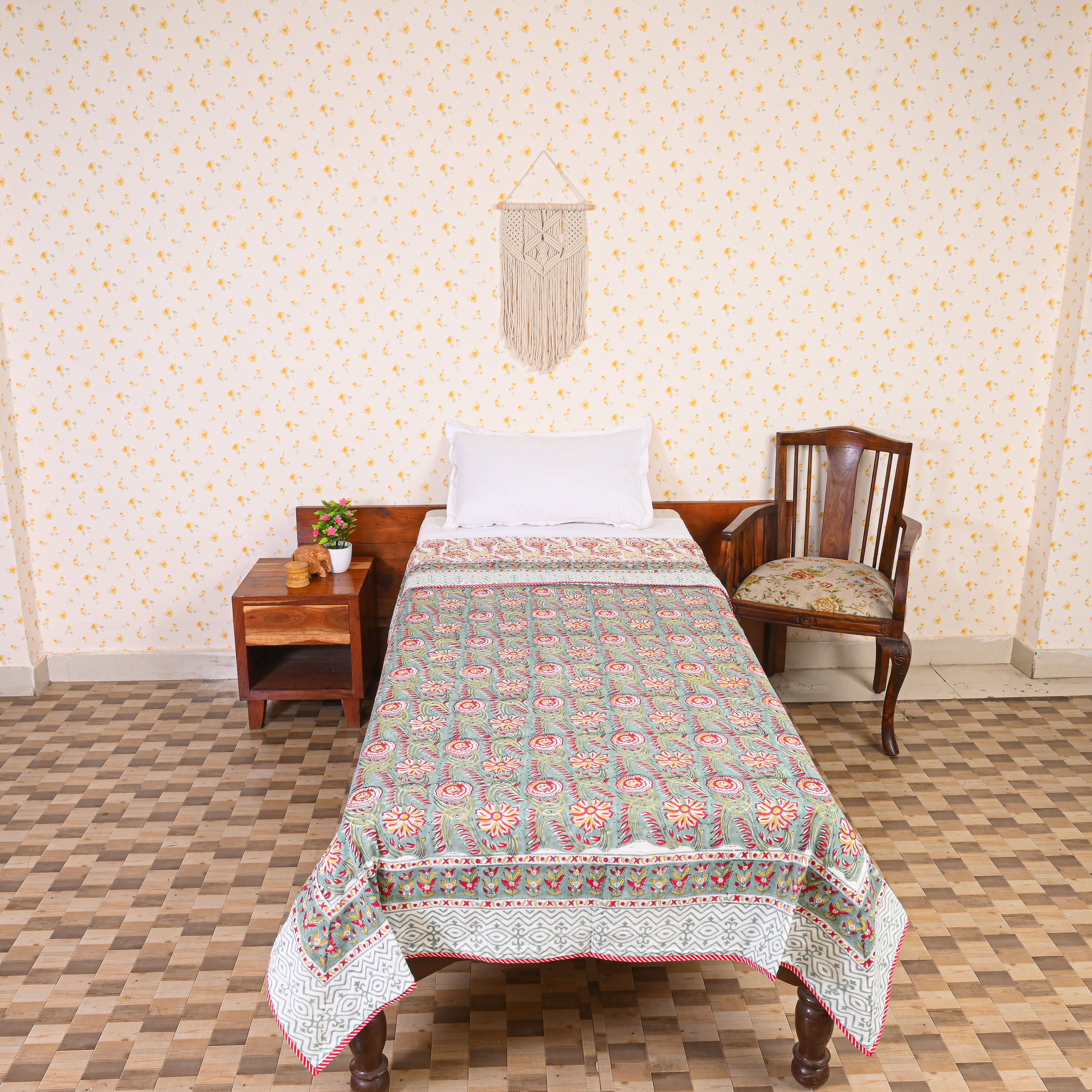Cotton Mulmul Single Bed AC Quilt Dohar Red-Yellow Floral Jaal Block Print