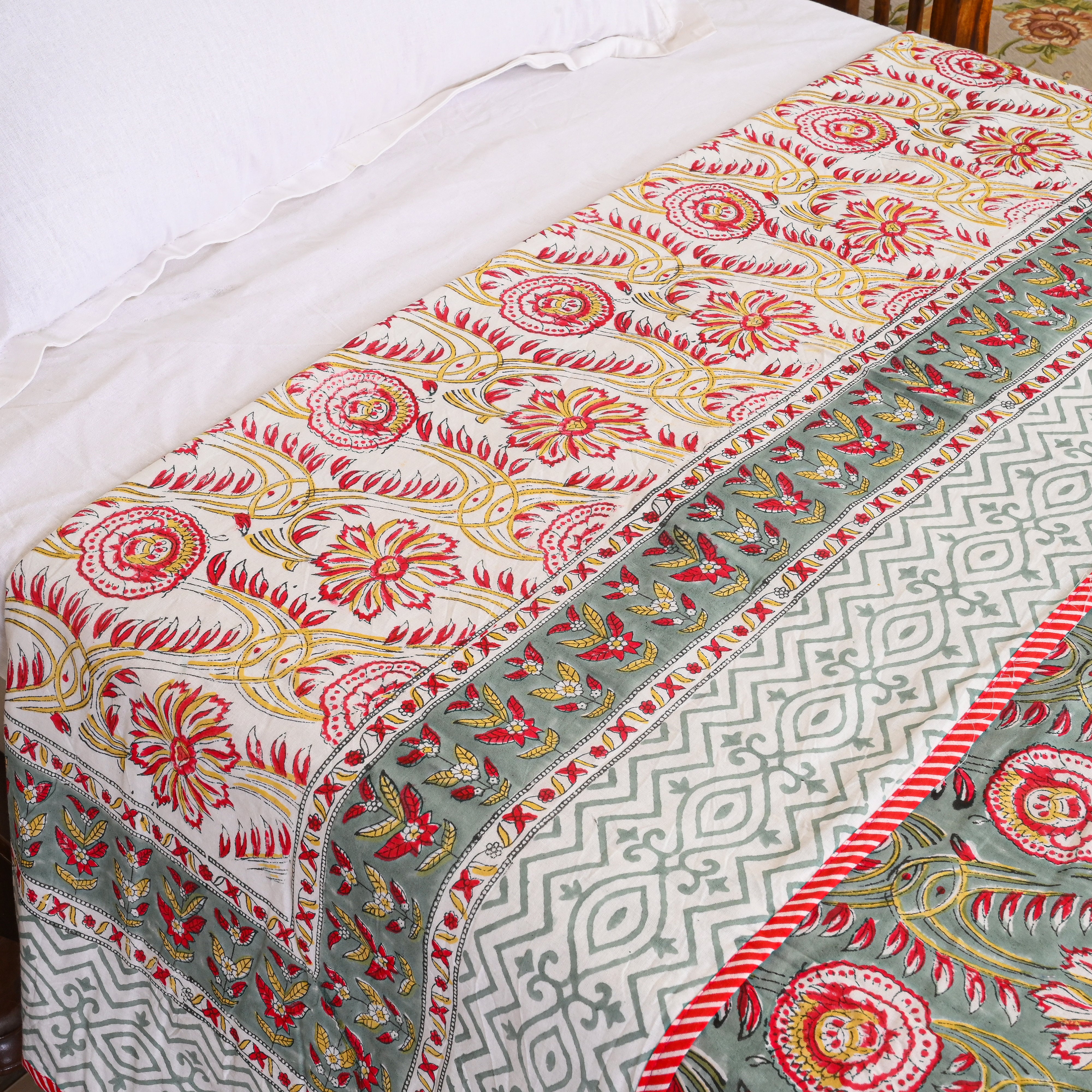 Cotton Mulmul Single Bed AC Quilt Dohar Red-Yellow Floral Jaal Block Print