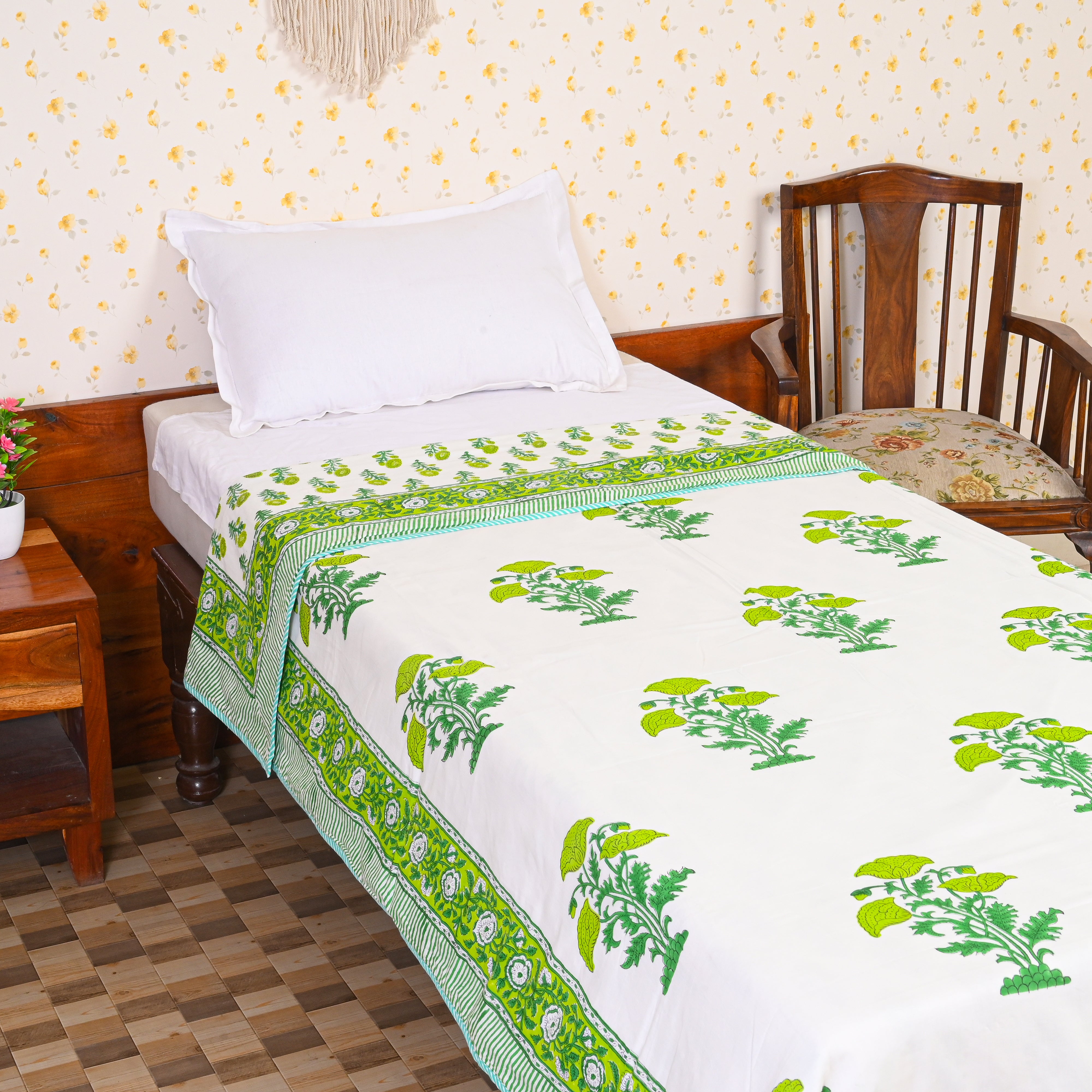 Cotton Mulmul Single Bed AC Quilt Dohar White-Green Floral Block Print