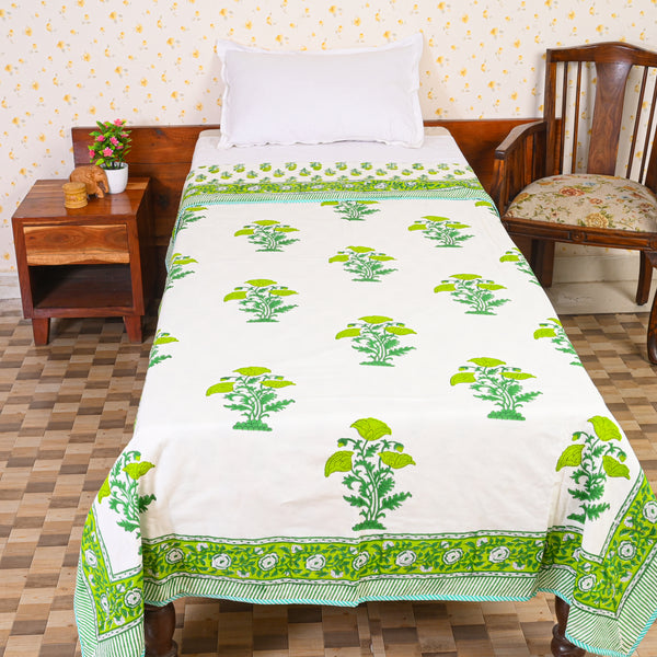 Cotton Mulmul Single Bed AC Quilt Dohar White-Green Floral Block Print