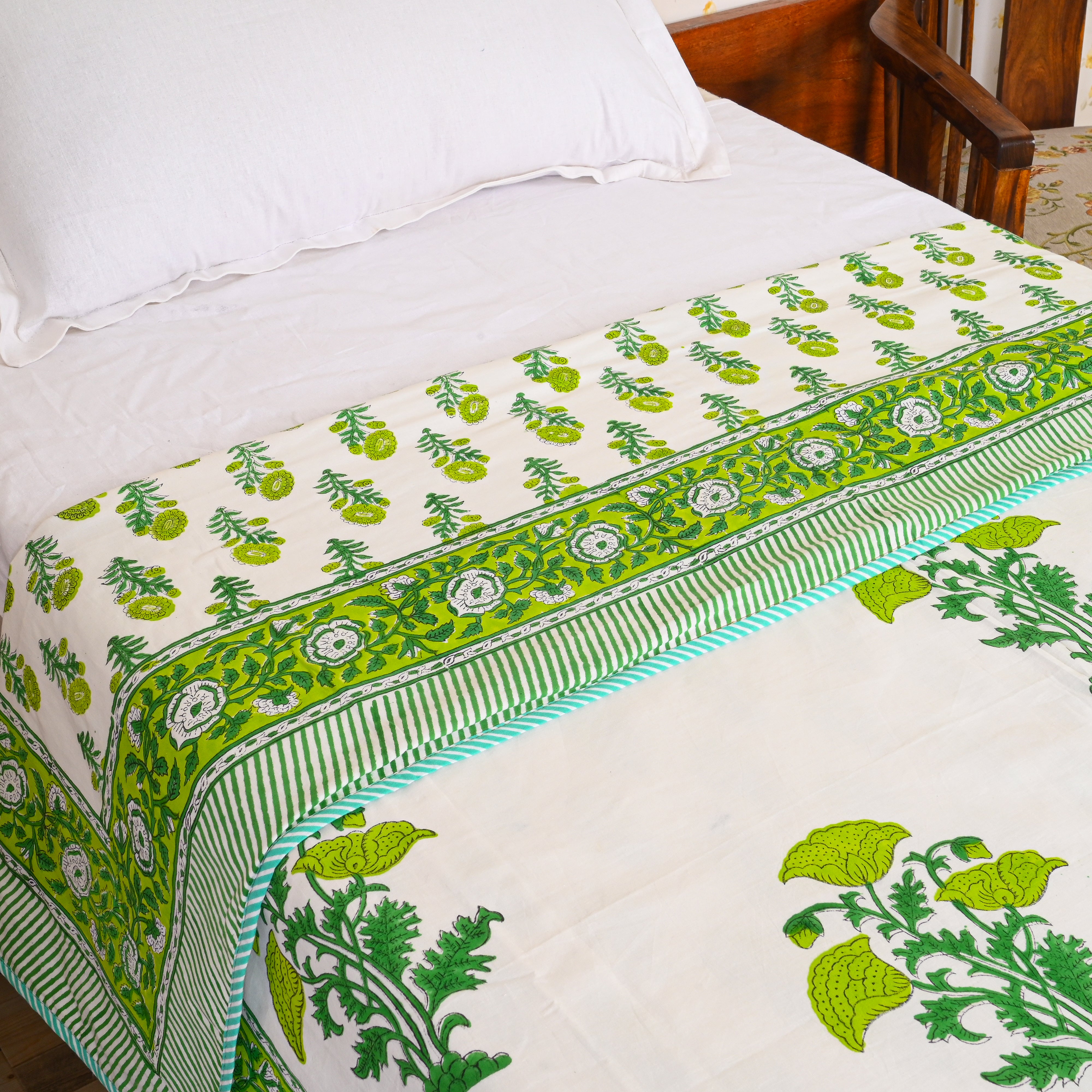 Cotton Mulmul Single Bed AC Quilt Dohar White-Green Floral Block Print