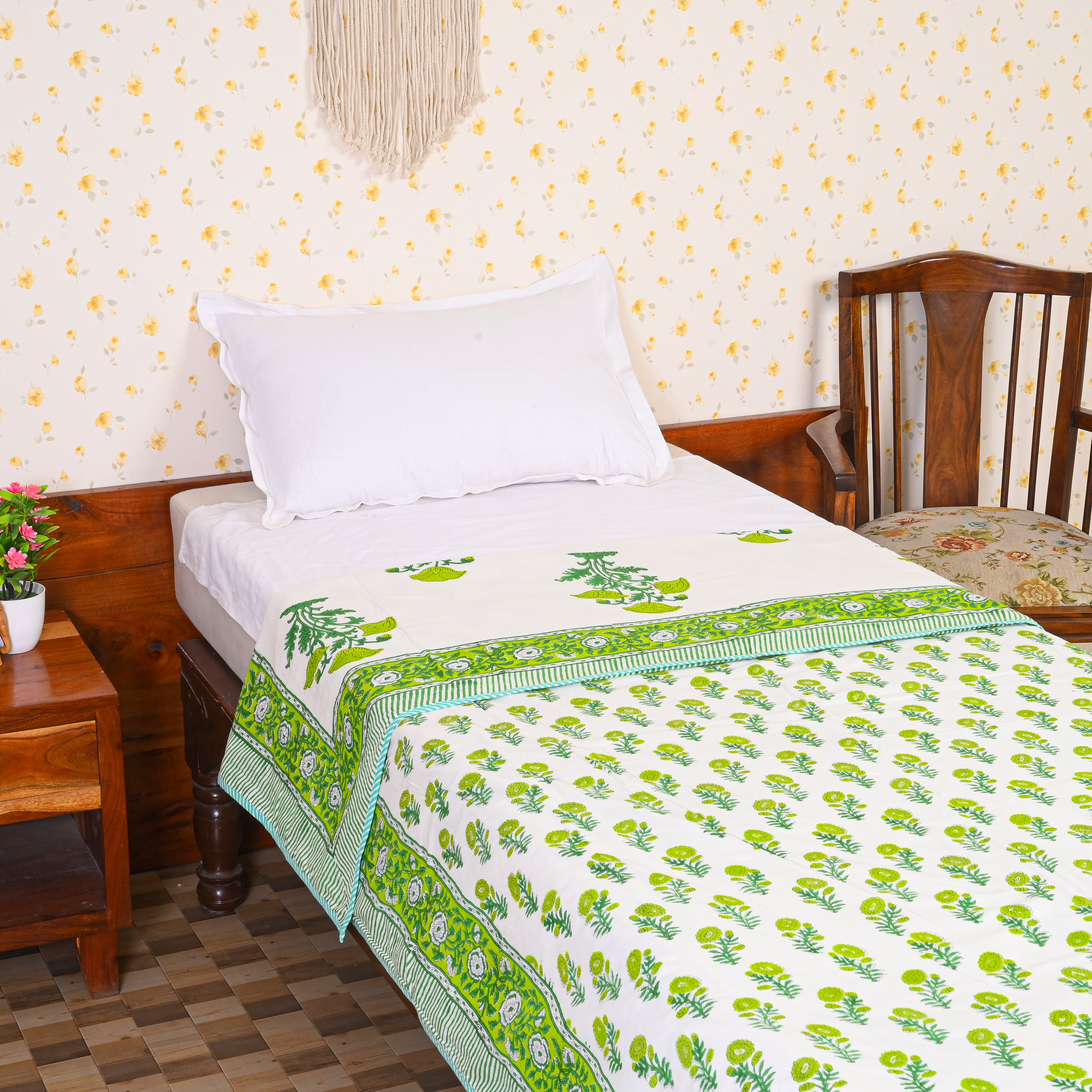 Cotton Mulmul Single Bed AC Quilt Dohar White-Green Floral Block Print