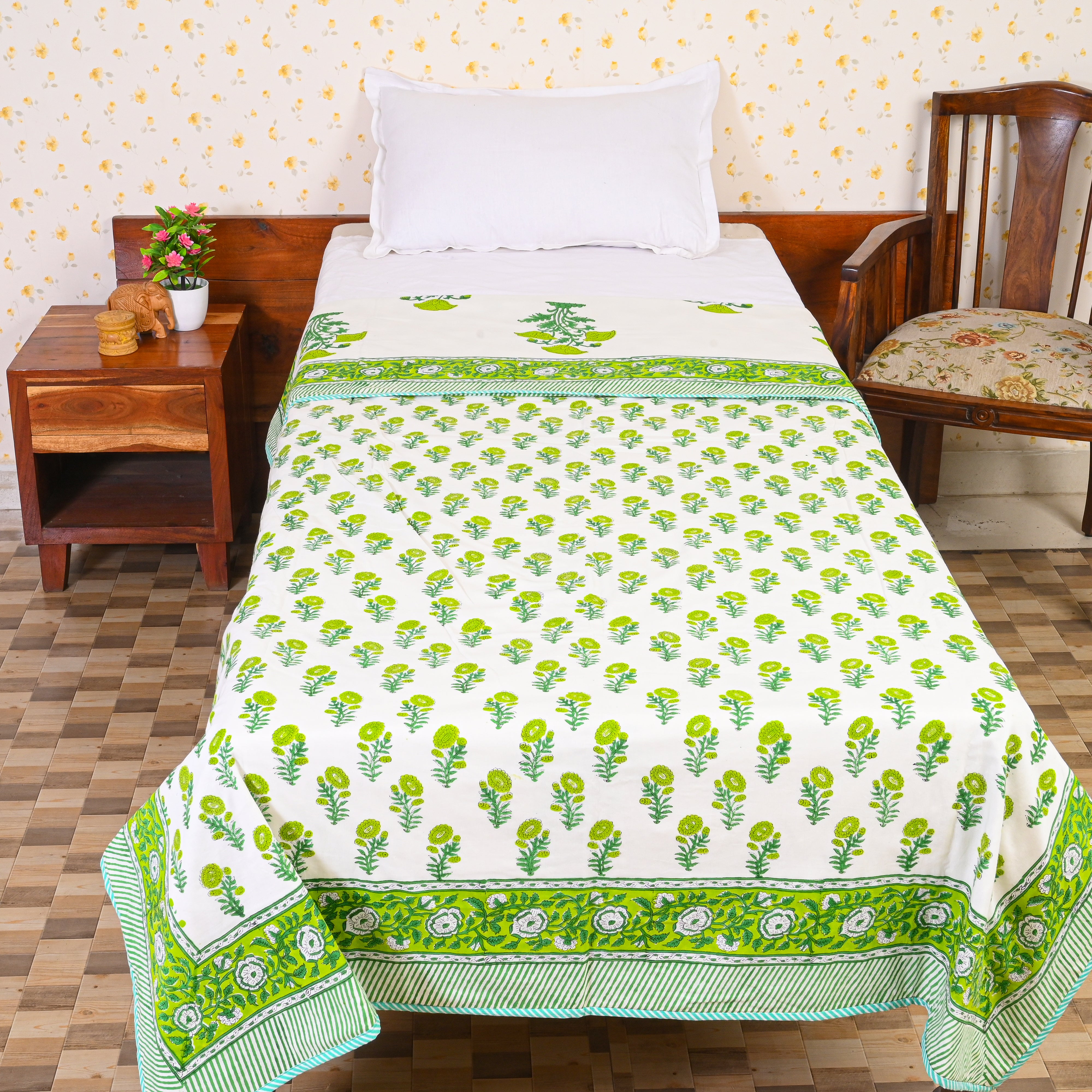 Cotton Mulmul Single Bed AC Quilt Dohar White-Green Floral Block Print