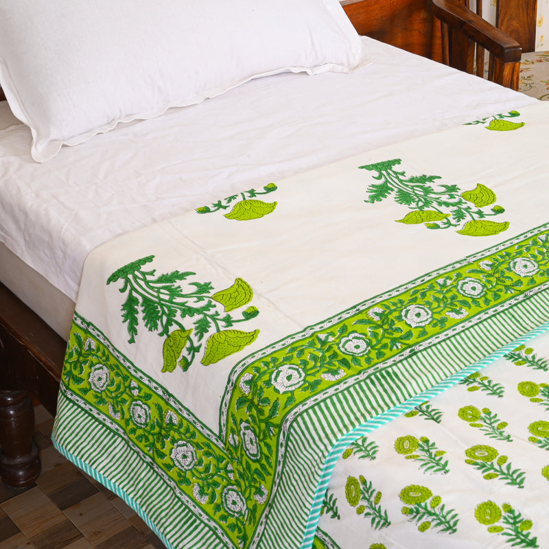 Cotton Mulmul Single Bed AC Quilt Dohar White-Green Floral Block Print