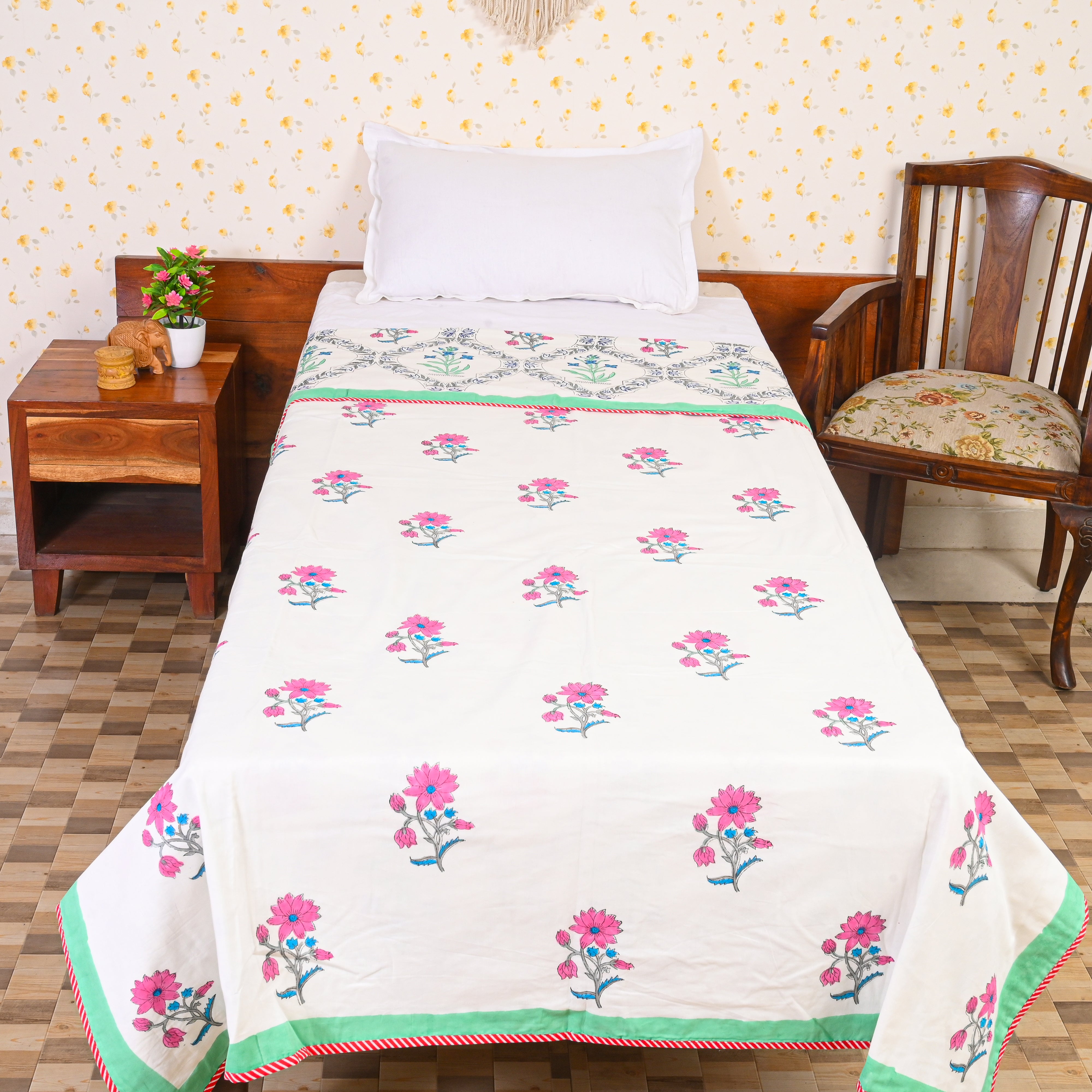 Cotton Mulmul Single Bed AC Quilt Dohar Red-Green Floral Jaal Block Print