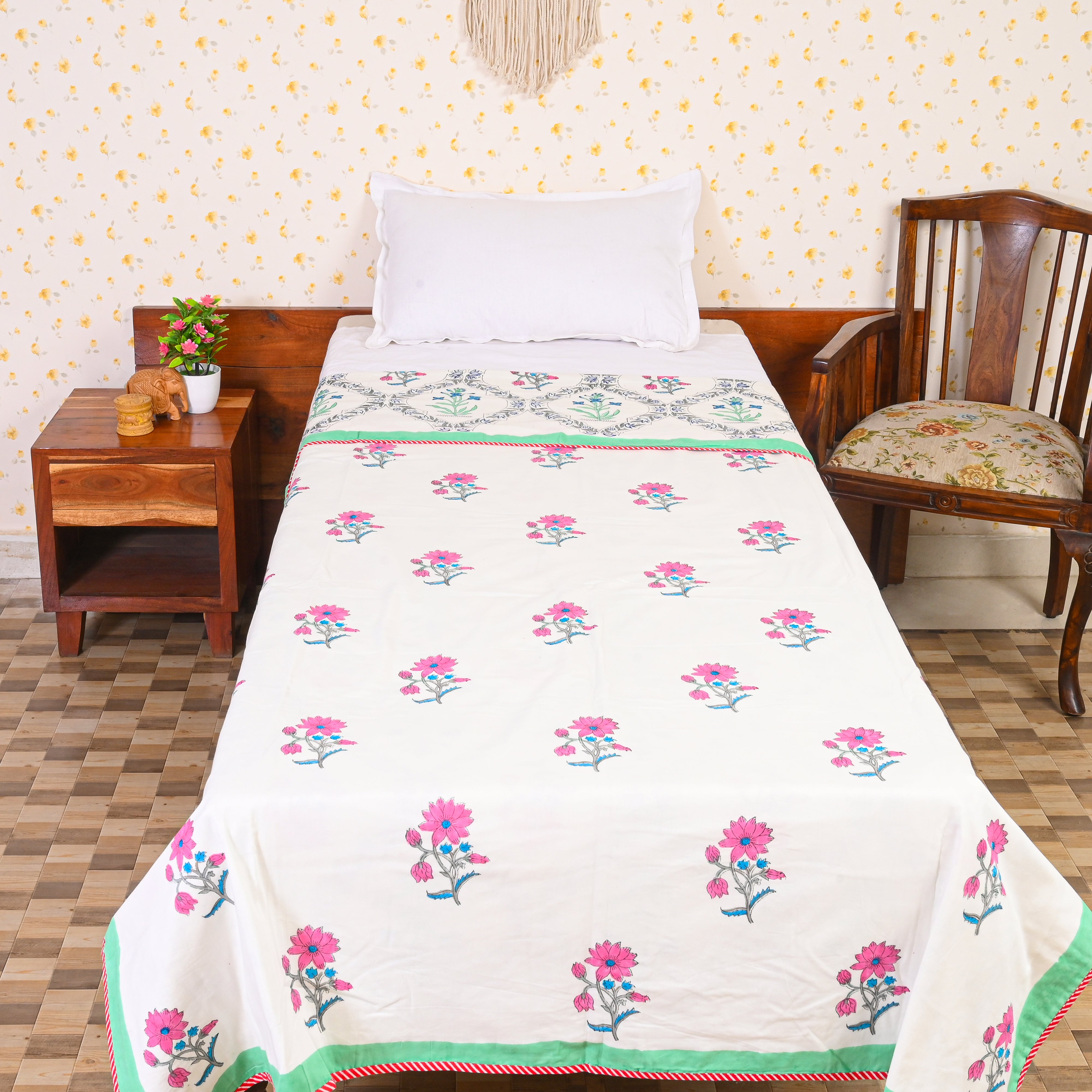 Cotton Mulmul Single Bed AC Quilt Dohar Red-Green Floral Jaal Block Print