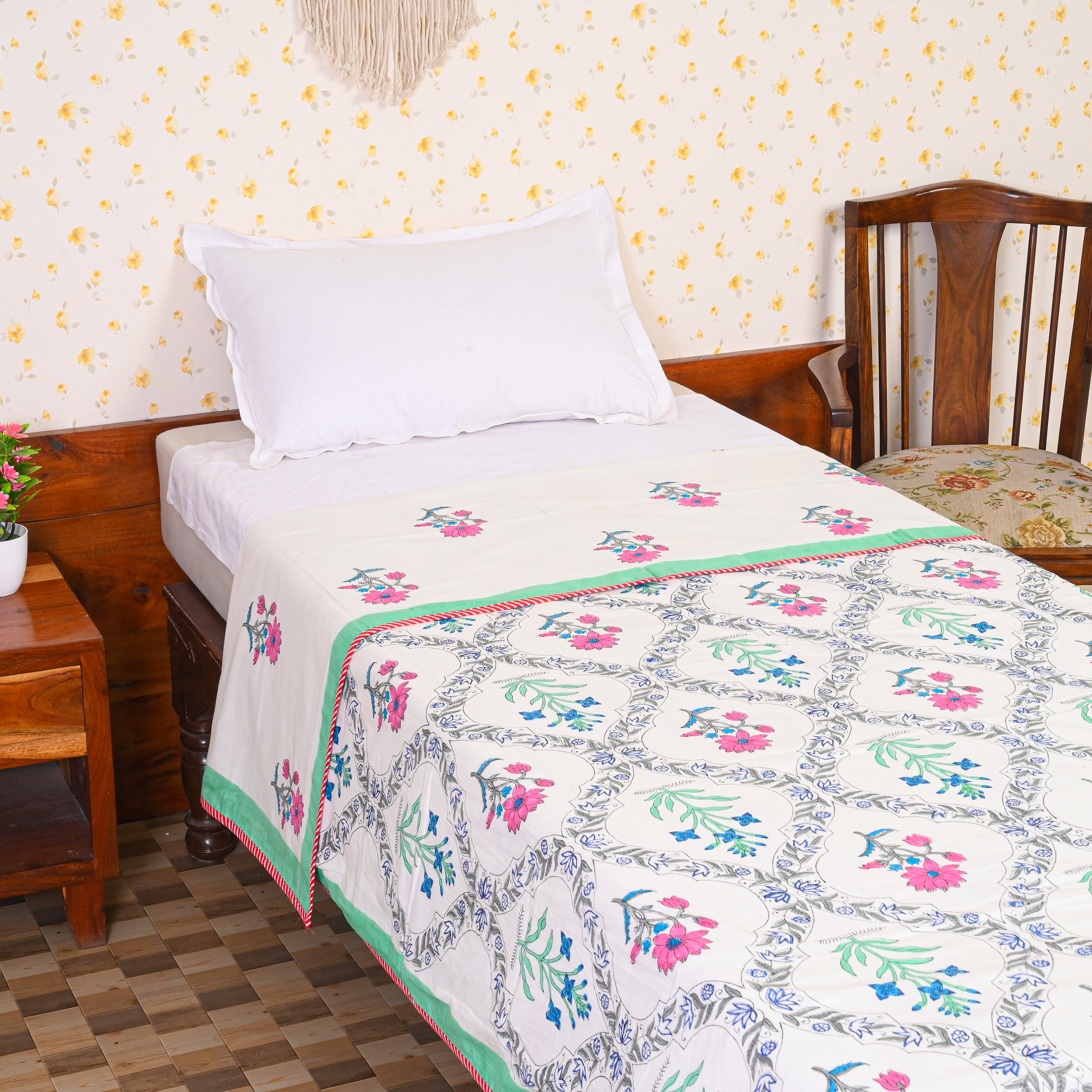 Cotton Mulmul Single Bed AC Quilt Dohar Red-Green Floral Jaal Block Print