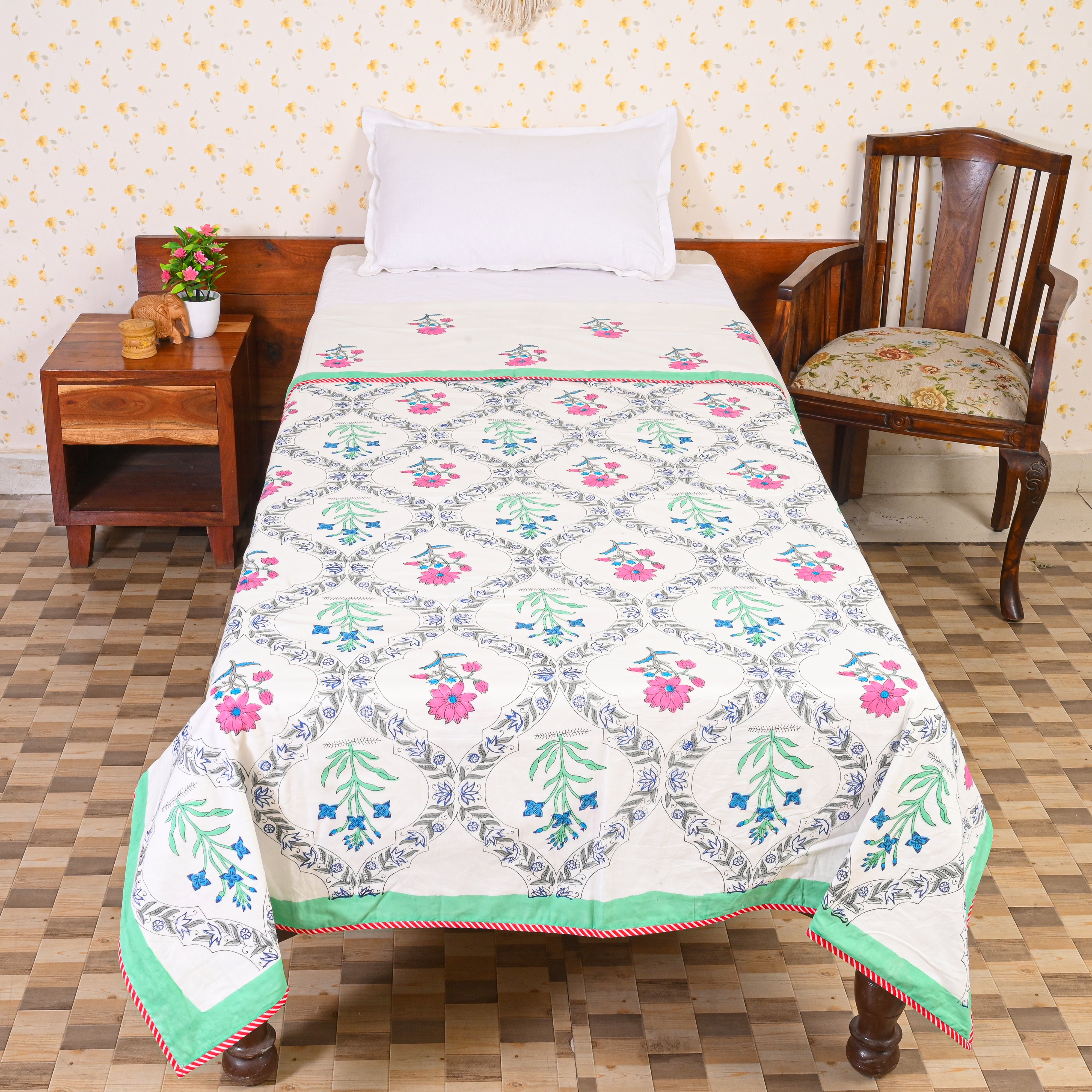 Cotton Mulmul Single Bed AC Quilt Dohar Red-Green Floral Jaal Block Print