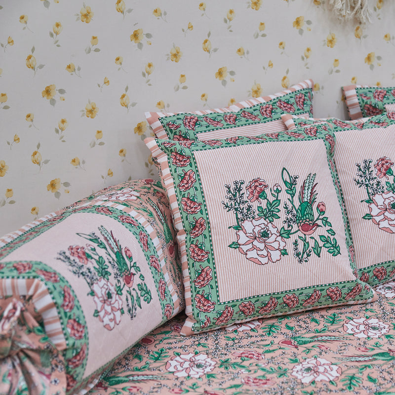 Cotton Diwan Set Pink Green Floral Print
