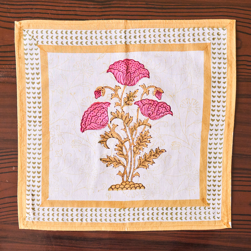 Cotton Mulmul Napkin Pink Brown Floral Boota Block Print