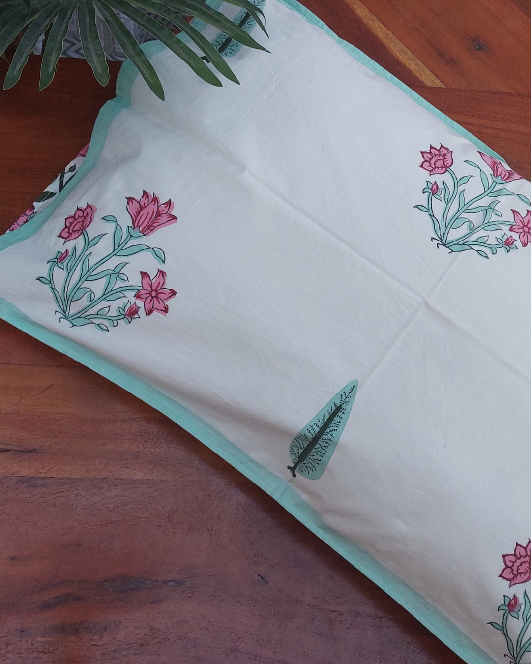 Cotton Pillow Cover Pink Green Mughal Jaali Block Print