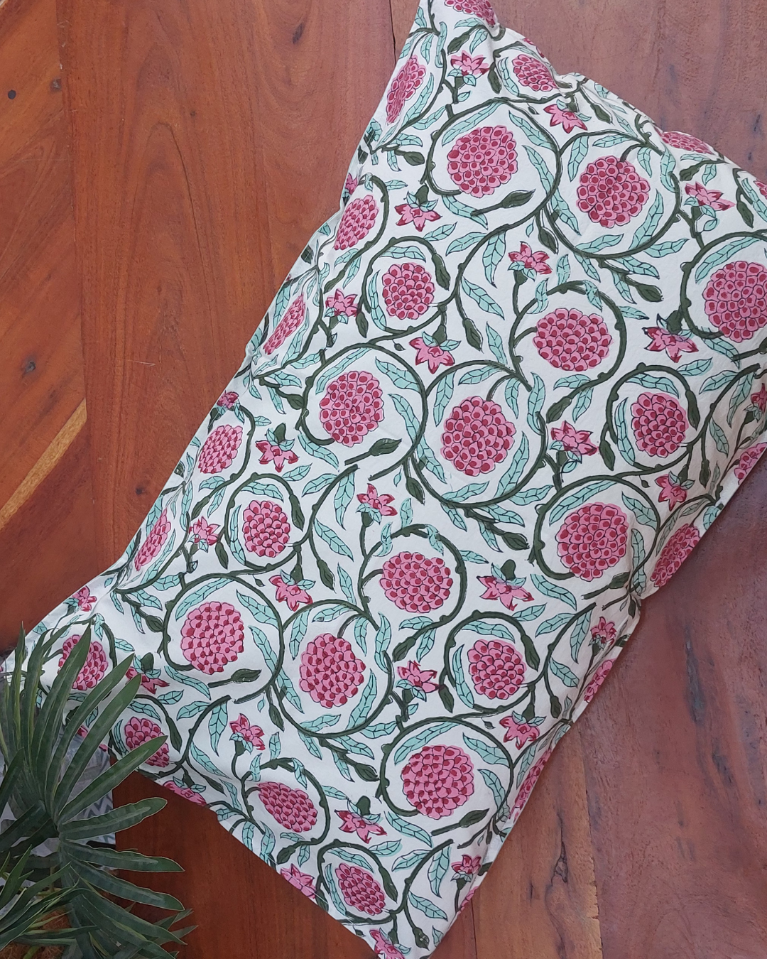 Cotton Pillow Cover Pink Green Mughal Jaali Block Print