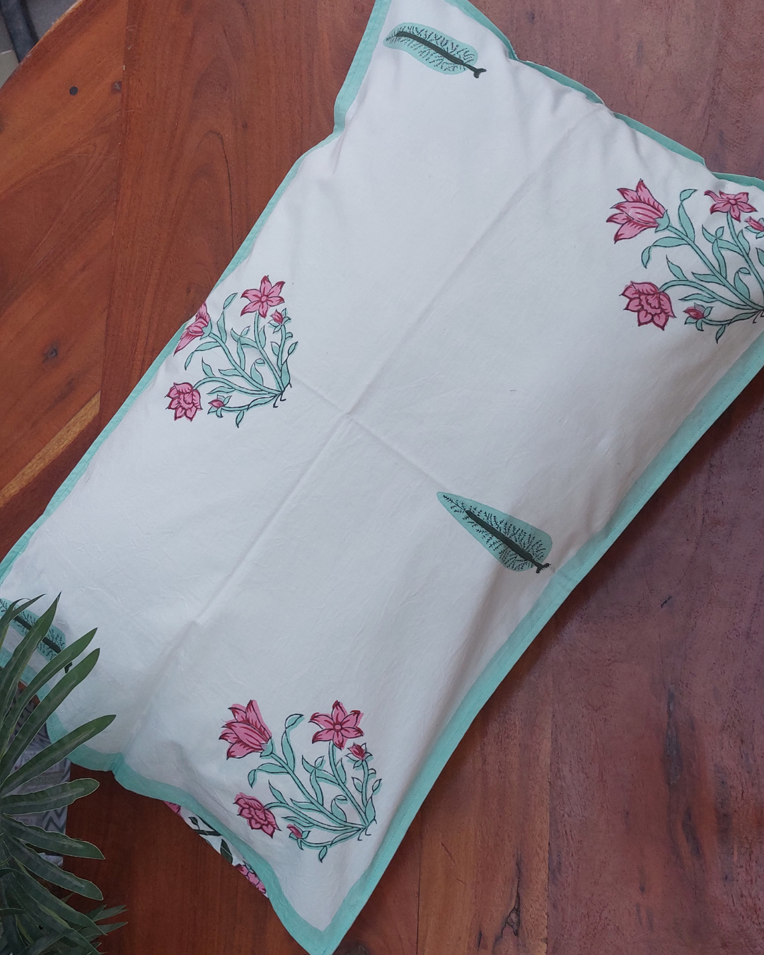 Cotton Pillow Cover Pink Green Mughal Jaali Block Print