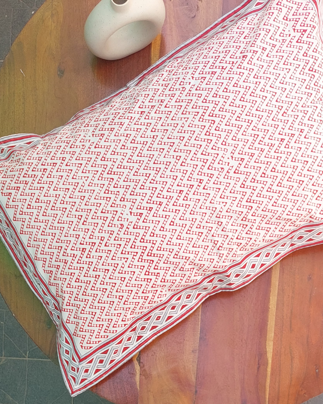 Fine Cotton Pillow Cover Chikoo Red Geometric Block Print