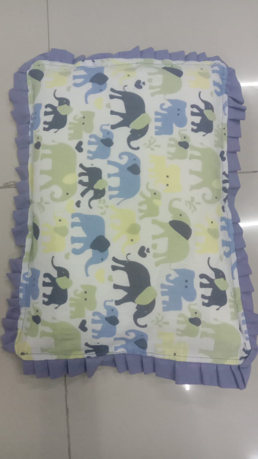 Cotton Baby Pillow Green Blue Elephant Herd Block Print