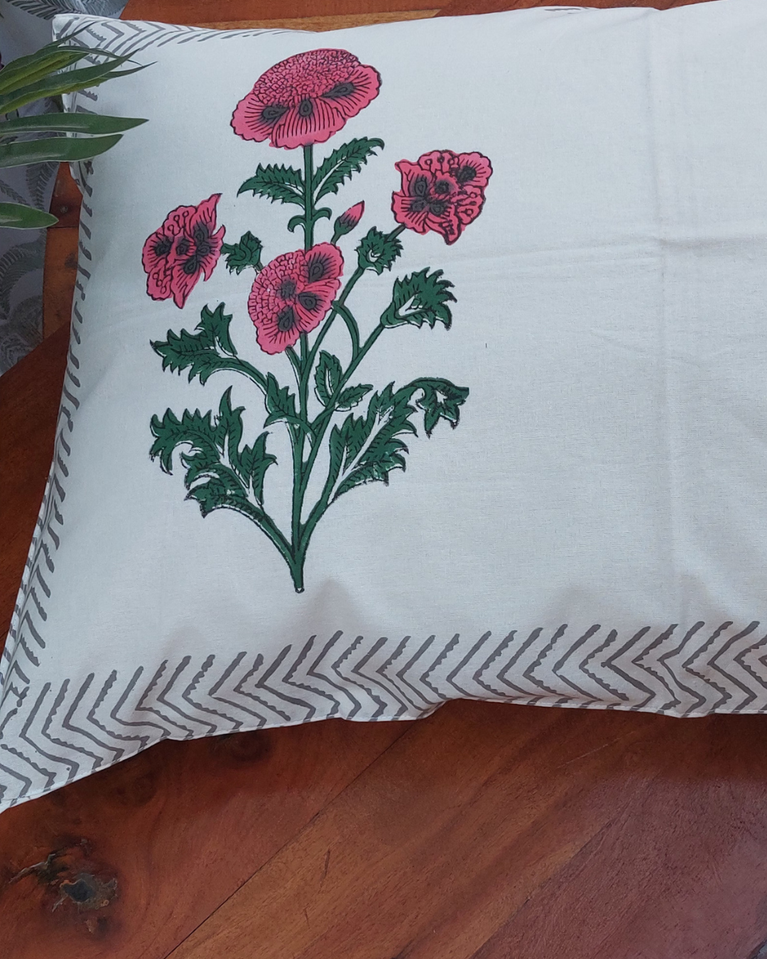 Cotton Pillow Cover Green Pink Floral Boota Block Print