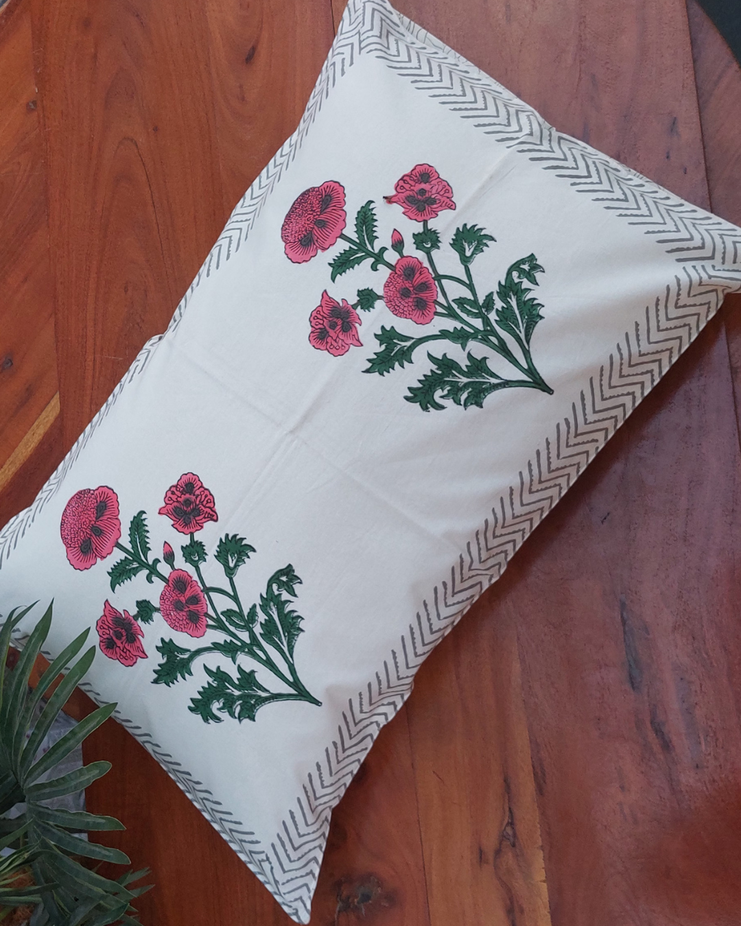 Cotton Pillow Cover Green Pink Floral Boota Block Print