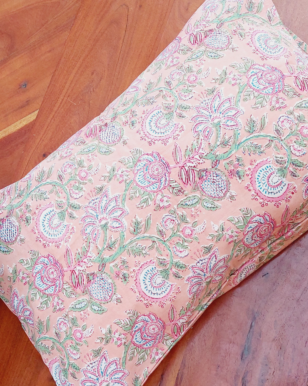 Cotton Pillow Cover Peach Green Floral Jaal Block Print
