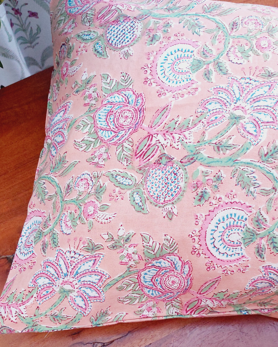 Cotton Pillow Cover Peach Green Floral Jaal Block Print