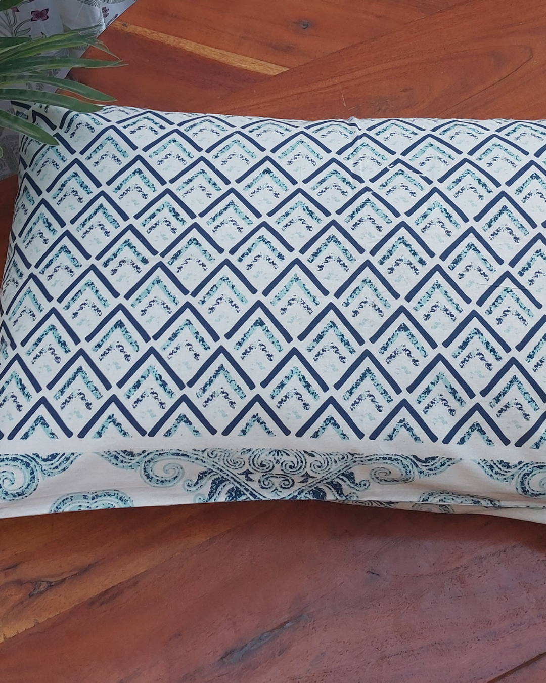 Cotton Pillow Cover White Blue triangle  Print