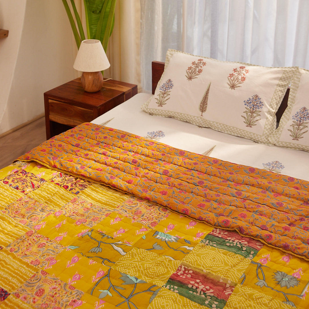 Cotton Double Bed Razai Quilt Yellow Patch Work