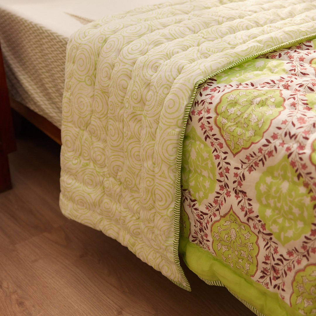 Cotton Green Leaf Block print Queen Size Jaipuri Rajai