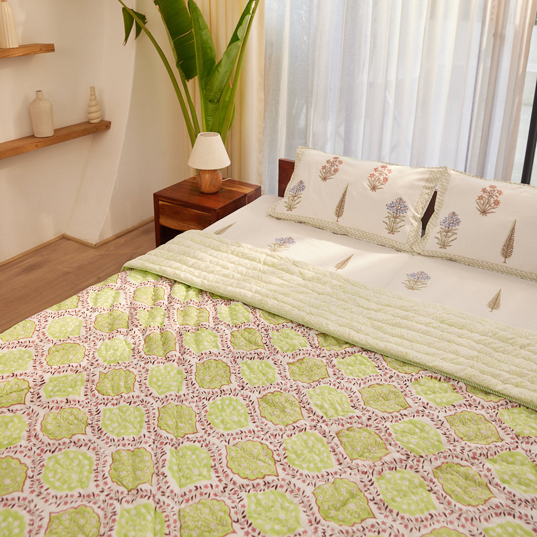 Cotton Green Leaf Block print Queen Size Jaipuri Rajai