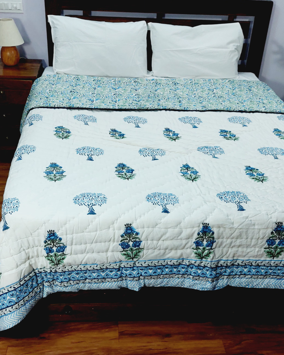 Cotton Double Bed Blue-Green Floral Jaal Block Print