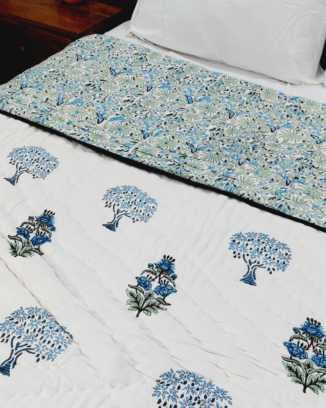 Cotton Double Bed Blue-Green Floral Jaal Block Print