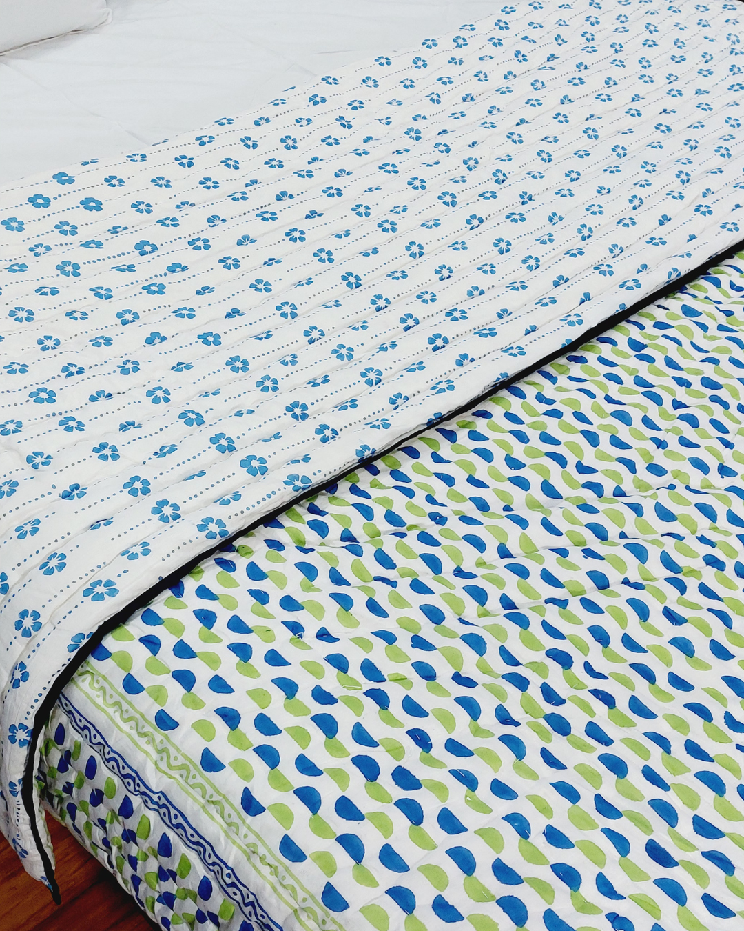 Cotton Double Bed Razai Blue-Green Bel Block Print