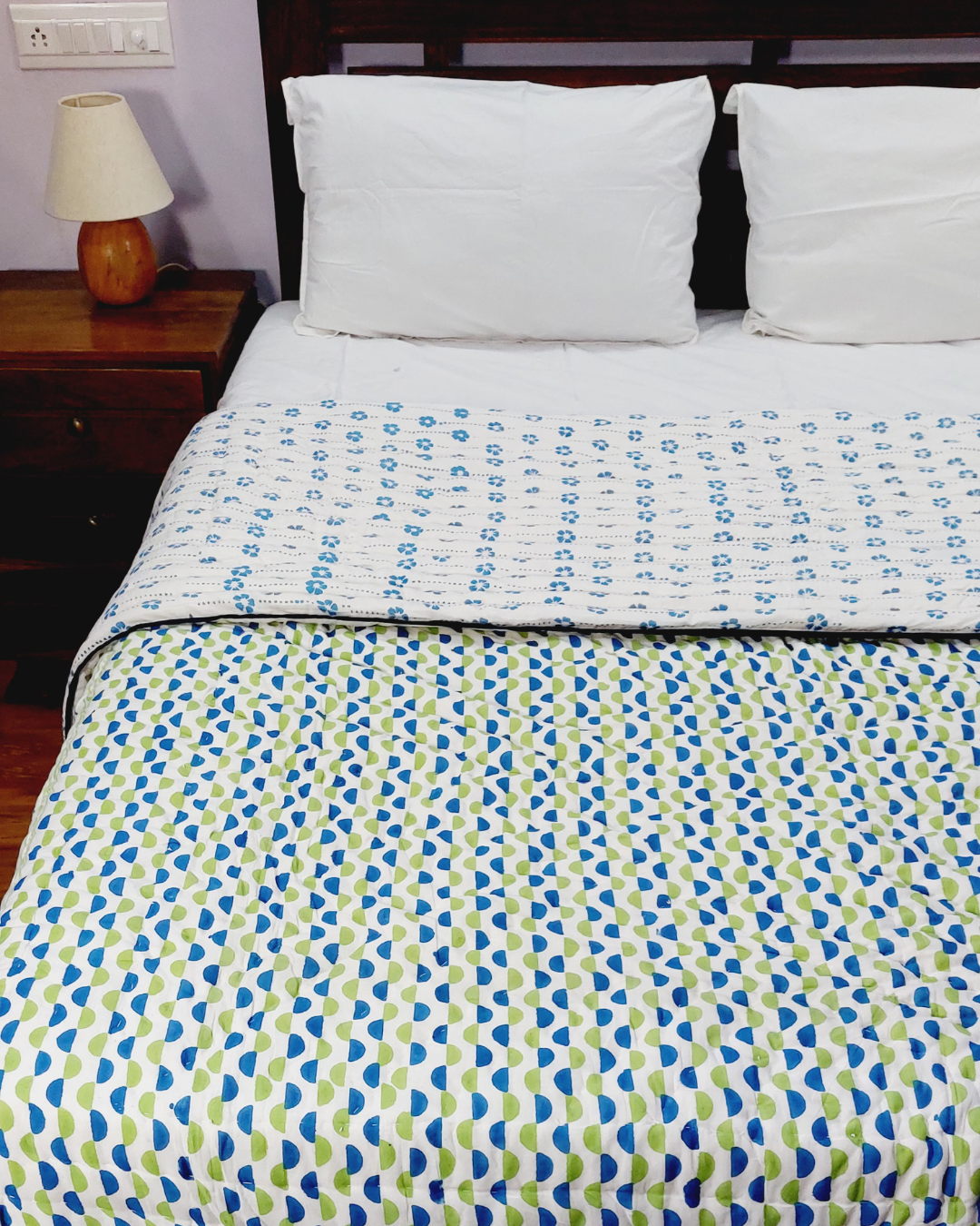 Cotton Double Bed Razai Blue-Green Bel Block Print