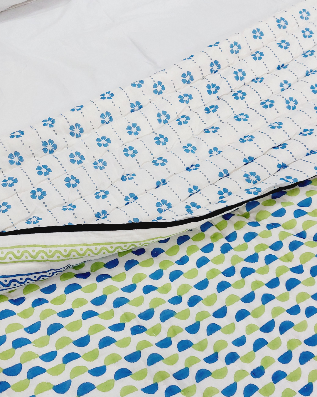 Cotton Double Bed Razai Blue-Green Bel Block Print