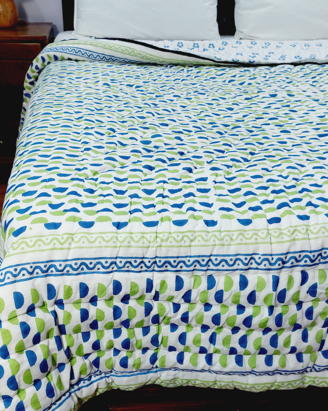 Cotton Double Bed Razai Blue-Green Bel Block Print